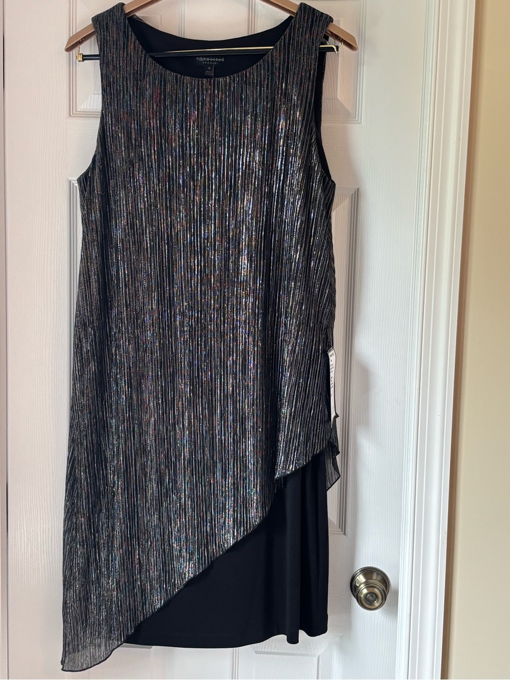 connected apparel Black Metallic Asymmetric Overlay Dress